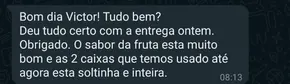 Depoimento de cliente no WhatsApp: “O sabor da fruta está muito bom e as caixas estão soltinhas e inteiras”
